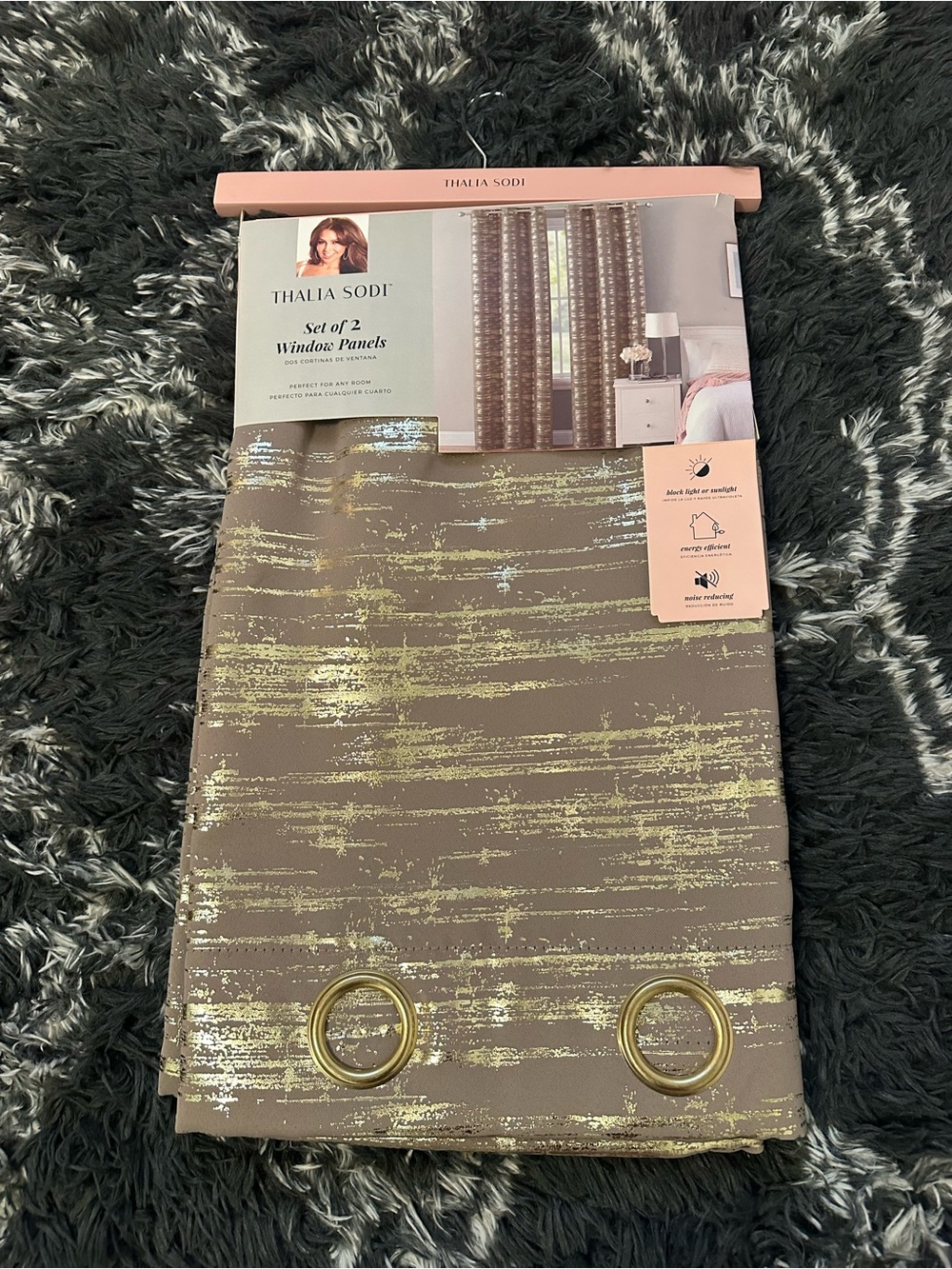 Thalia Sodi Taupe Curtains with Gold Metallic Stripes - Set of 2